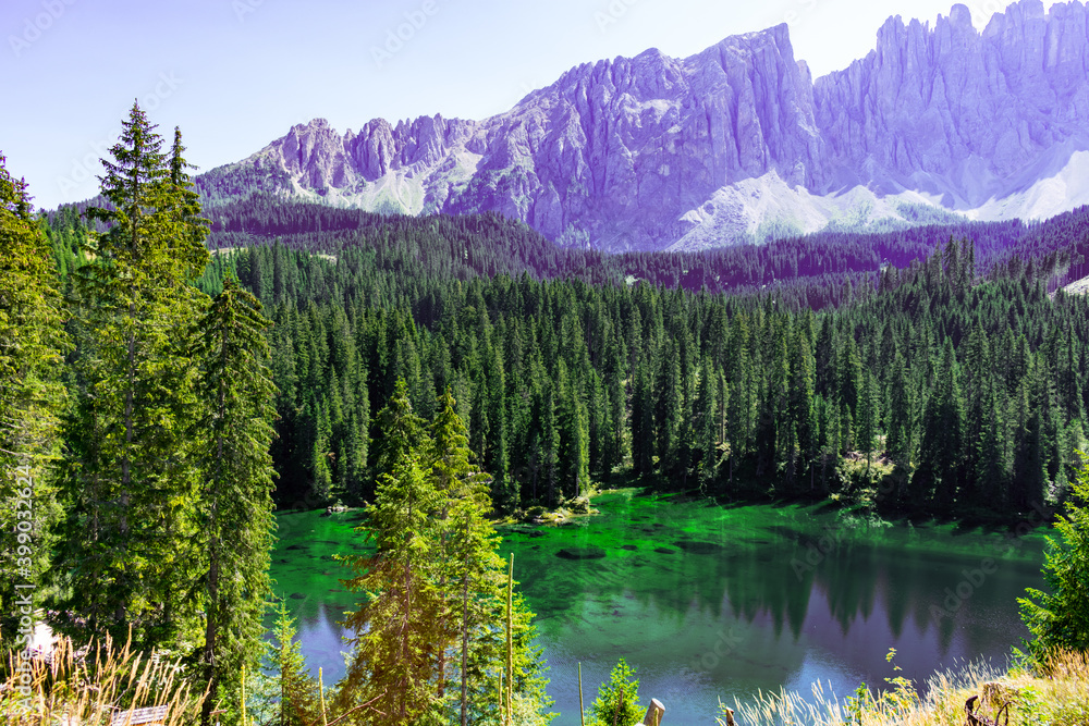 Italy, South Tyrol, Karersee - 5 September 2020 - View of the Karersee with its incredible colors