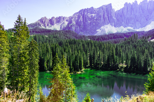 Italy, South Tyrol, Karersee - 5 September 2020 - View of the Karersee with its incredible colors