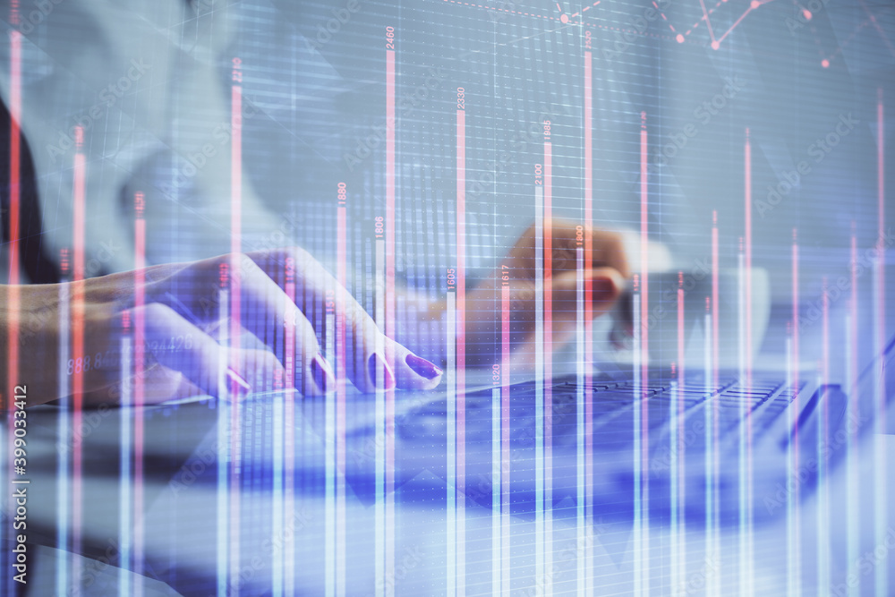Multi exposure of woman hands typing on computer and financial graph hologram drawing. Stock market analysis concept. Multi exposure of woman hands typing on computer and financial graph hologram drawing. Stock market analysis concept.