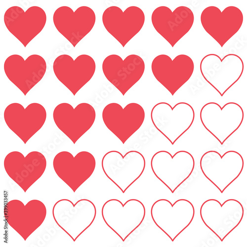 Icon sign rating of love and trust, outline and silhouette of hearts showing the level trust and love, vector rating heart