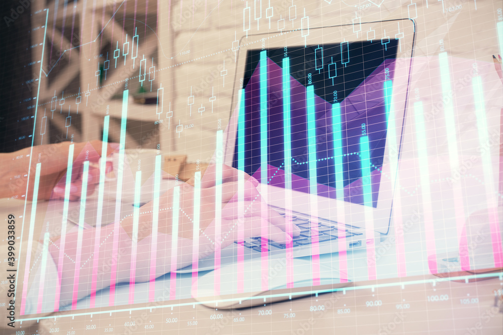 Double exposure of woman hands typing on computer and forex chart hologram drawing. Stock market analysis concept. Double exposure of woman hands typing on computer and forex chart hologram drawing. Stock market analysis concept.