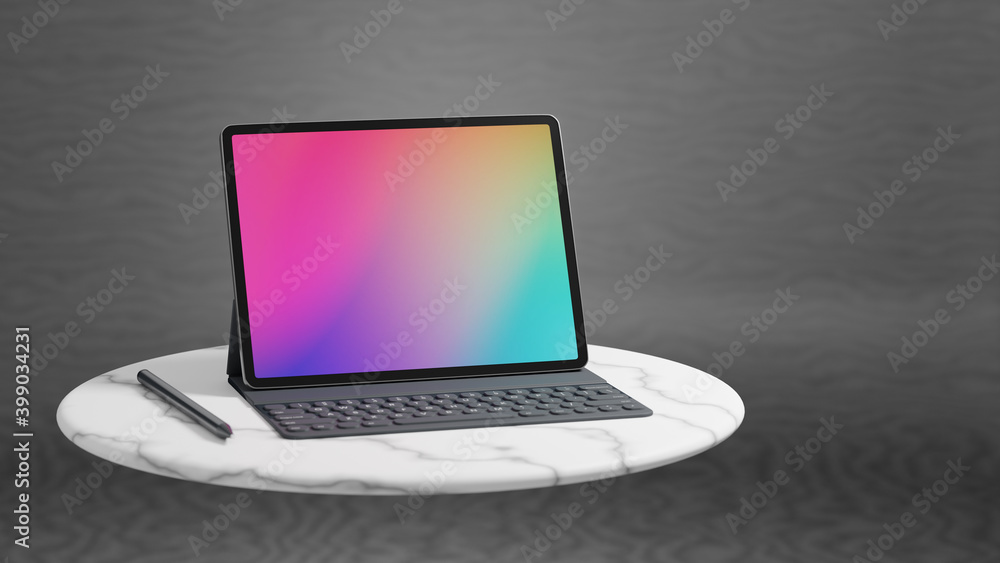 Fototapeta premium Big screen tablet with case keyboard placed on marble circle table and gray background. 3D rendering image.
