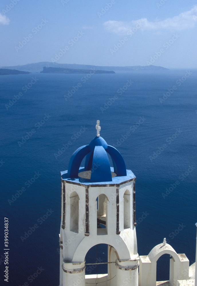 View of  Santorini Church bells and caldera in Santorini island, Greece