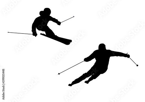 二人のスキー滑走シルエットイラスト