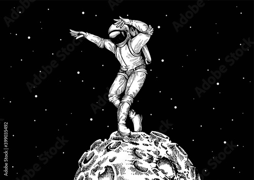 Astronaut in spacesuit dancing on the Moon surface. Vector illustration.