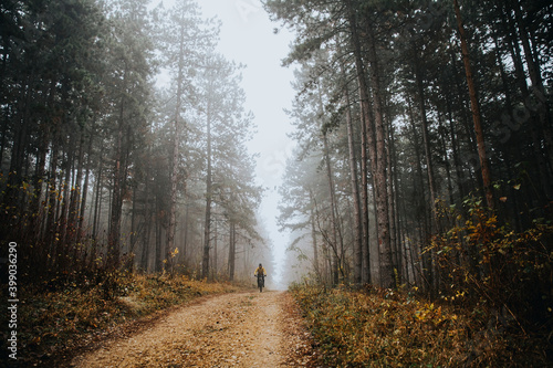 Young man biking through autumn forest