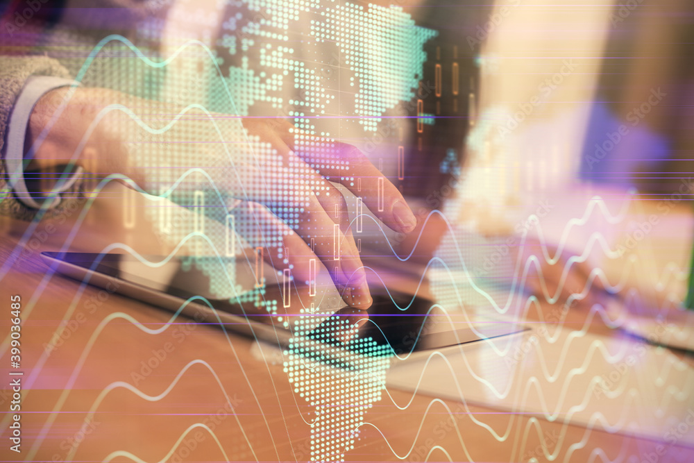 custom made wallpaper toronto digitalDouble exposure of forex graph drawing and man and woman working together holding and using a mobile device. Trade concept.