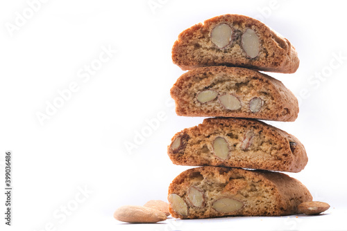 Cantuccini italian biscuits with almonds detail or macro isolated on white background