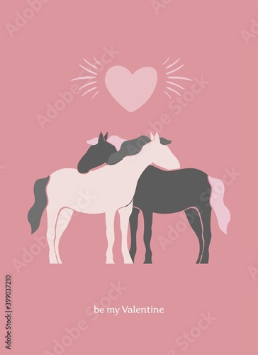 Two horses look at each other and embrace in isolation on pink. Banner concept about a couple of wild animals in love in vintage boho style. Valentine's day greeting card. Cartoon vector illustration.