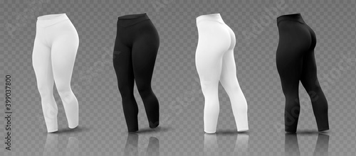 Women’s leggings mockup in  different sides, black and white isolated on a gray background. 3D realistic vector illustration