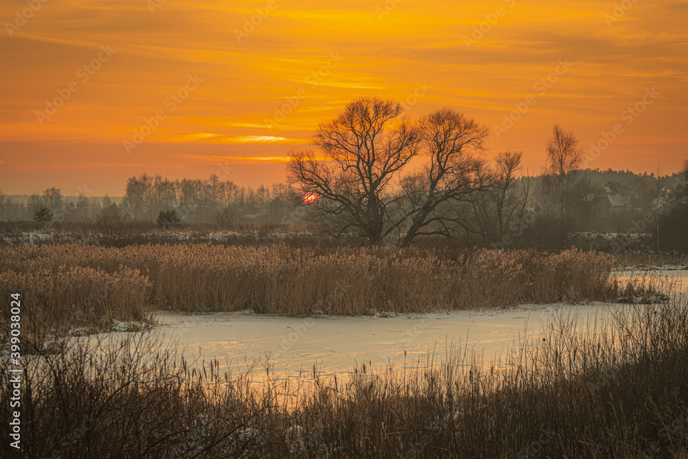 Frozen river, bare trees and field of dry reeds at winter sunset with orange sky