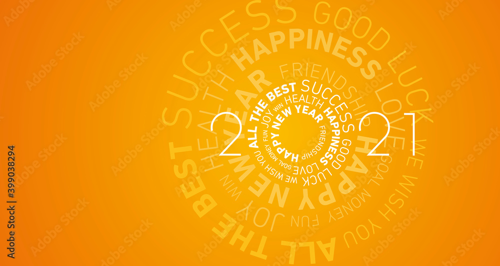 2021 Happy New Year modern abstract circle word cloud text white shining bold light typography orange yellow greeting card banner