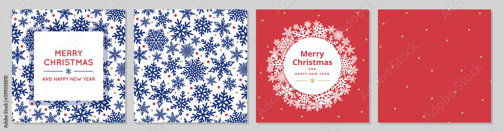 Merry Christmas set of greeting cards and seamless patterns with snowflakes and snow. Vector illustration.