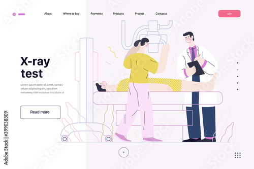 Medical tests template - x-ray test - modern flat vector concept digital illustration of x-ray procedure - a patient and doctors with a x-ray machine, medical office or laboratory