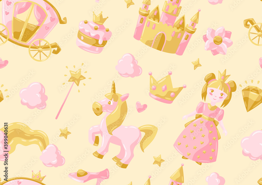 Princess party items seamless pattern. Princess party items seamless pattern.