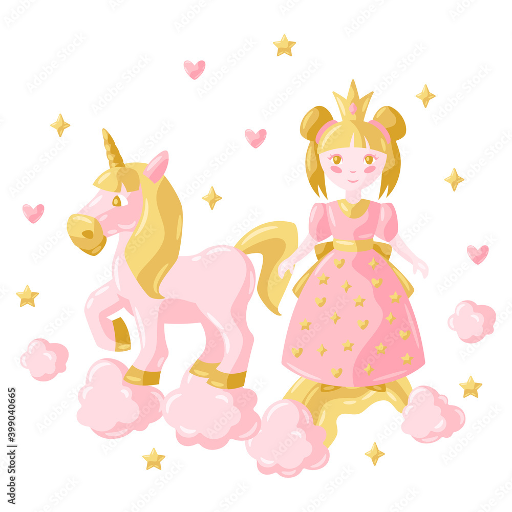 Illustration of little princess and unicorn. Illustration of little princess and unicorn.