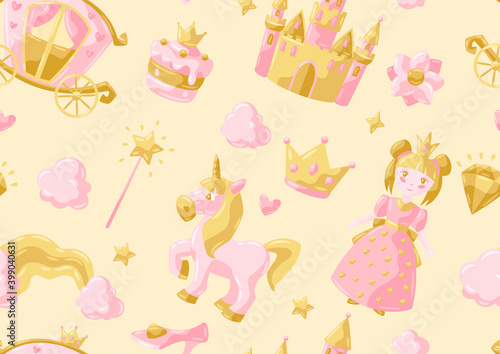 Princess party items seamless pattern.