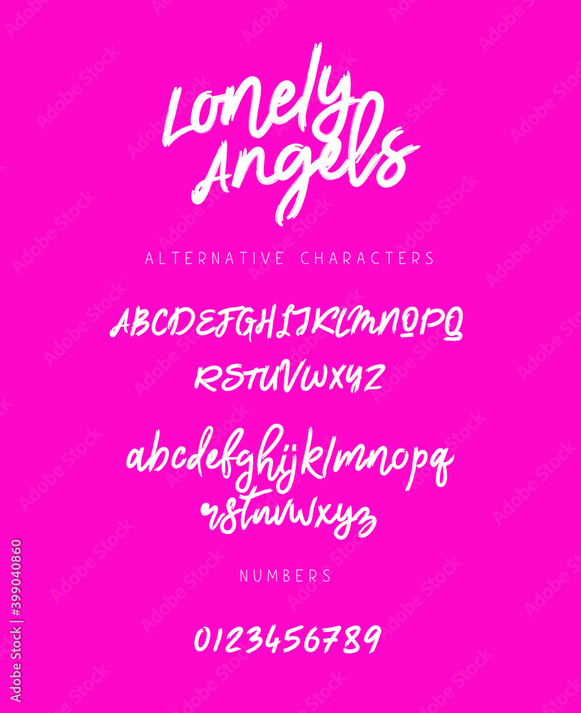 Beautiful brush font made by hands. Lettering. Letters and numbers. English alphabet on a pink background. Vector illustration.