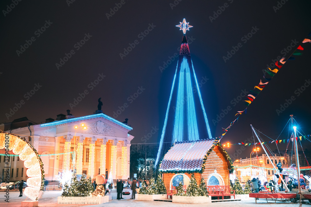 Gomel, Belarus. Main Christmas Tree And Festive Illumination Decorations On Lenin Square In Gomel. New Year In Belarus