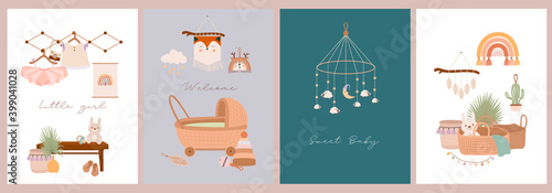 Set of cute boho baby cards in Scandinavian style. Cartoon doodle kids clipart for baby shower invitation card, poster. Editable vector illustration.