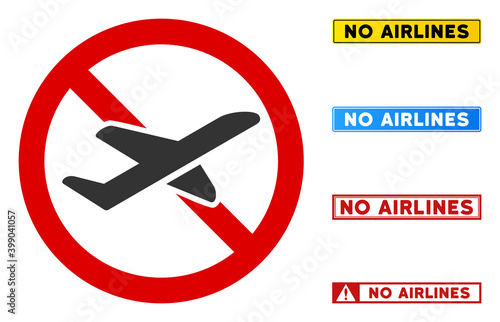 No Airlines sign with words in rectangle frames. Illustration style is a flat iconic symbol inside red crossed circle on a white background. Simple No Airlines vector sign, designed for rules,