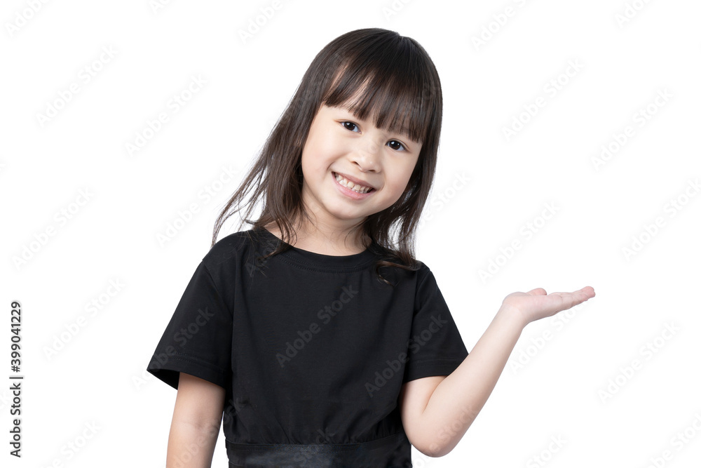 Cute little girl presenting something on a white background Cute little girl presenting something on a white background