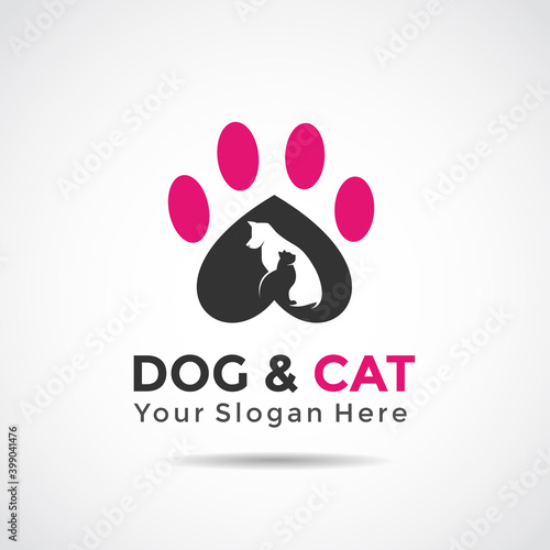 Pets template logo design. Dog and cat with footprints. Vector Illustrator