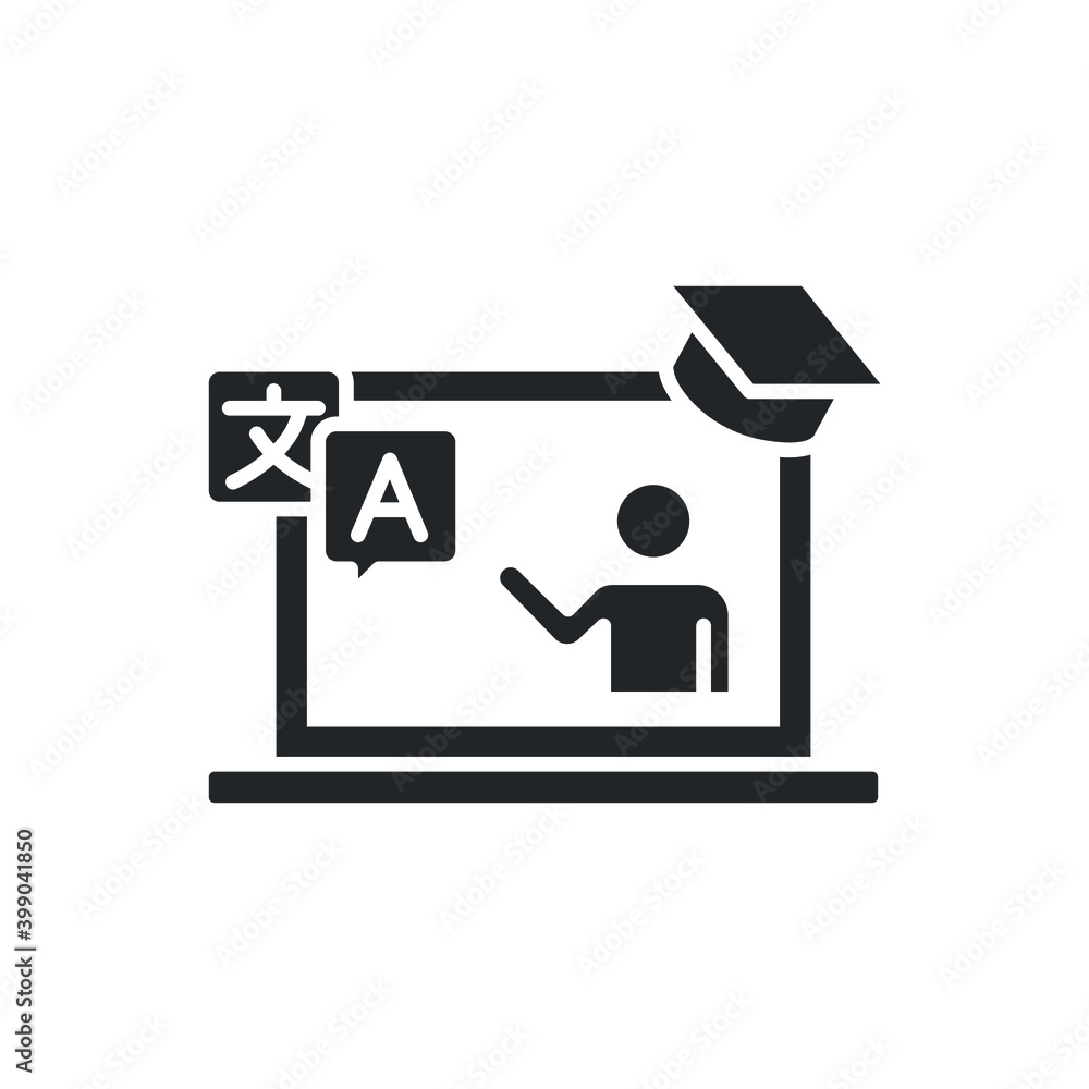 Online language tutoring glyph icon. Virtual learning of foreign languages. Distance education training with personal tutor course. Flat pictogram vector illustration design on white background EPS 10 Online language tutoring glyph icon. Virtual learning of foreign languages. Distance education training with personal tutor course. Flat pictogram vector illustration design on white background EPS 10