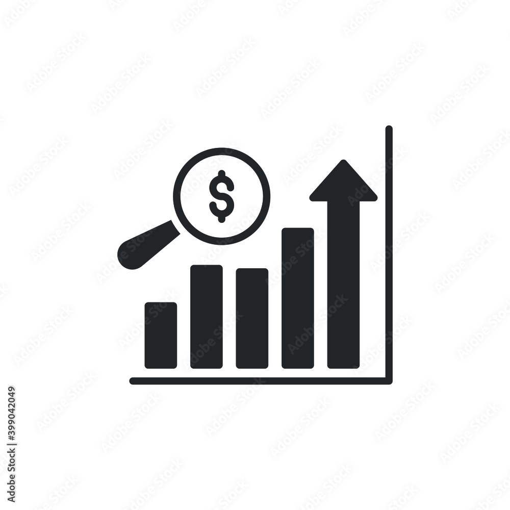 Sales forecasting solid icon. Analytics financial, business analysis. Magnifying glass, bar graph observation budget estimate. Flat pictogram. Vector illustration. Design on white background EPS 10 Sales forecasting solid icon. Analytics financial, business analysis. Magnifying glass, bar graph observation budget estimate. Flat pictogram. Vector illustration. Design on white background EPS 10