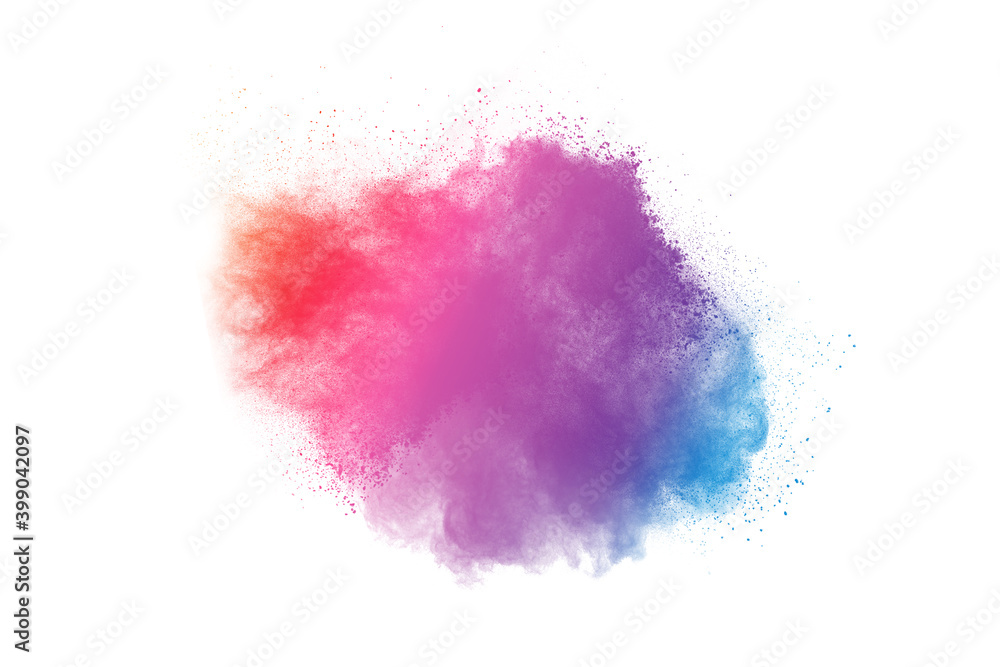 Colorful smoke or fog color isolated on isolated white background. Abstract multicolor powder explosion with particles. Colorful dust cloud explode, paint holi, mist smog effect. 