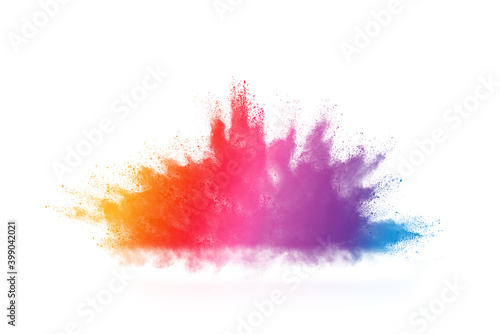 Colorful smoke or fog color isolated on isolated white background. Abstract multicolor powder explosion with particles. Colorful dust cloud explode, paint holi, mist smog effect. 