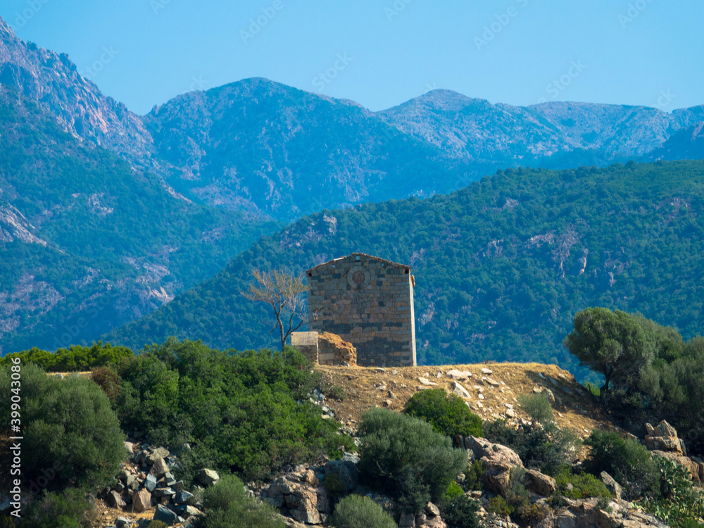 Abandoned house on the hill. Mountain view as a background. Near the capital city, Ajaccio, Corsica
