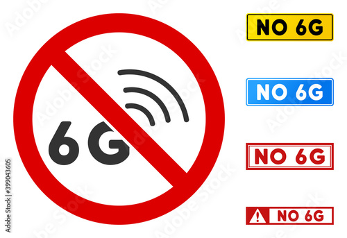No 6G Signal sign with titles in rectangular frames. Illustration style is a flat iconic symbol inside red crossed circle on a white background. Simple No 6G Signal vector sign, designed for rules,