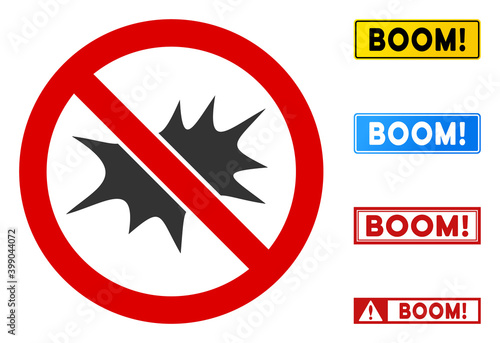 No Bang sign with badges in rectangle frames. Illustration style is a flat iconic symbol inside red crossed circle on a white background. Simple No Bang vector sign, designed for rules, restrictions,