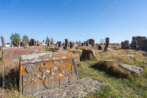 Ancient Armenian Khachkar Cross Stones in Noratus, Armenia photo