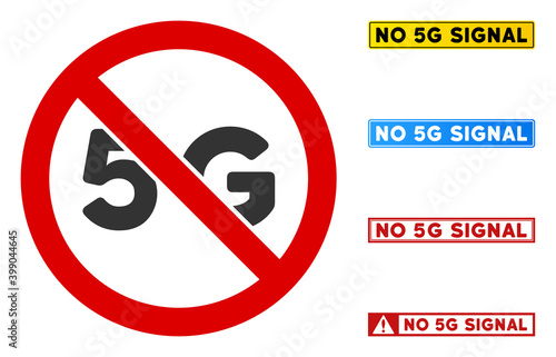 No 5G sign with texts in rectangle frames. Illustration style is a flat iconic symbol inside red crossed circle on a white background. Simple No 5G vector sign, designed for rules, restrictions,