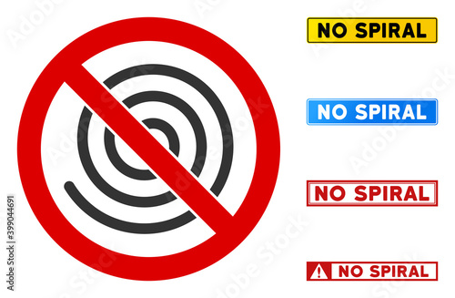 No Spiral sign with messages in rectangle frames. Illustration style is a flat iconic symbol inside red crossed circle on a white background. Simple No Spiral vector sign, designed for rules,