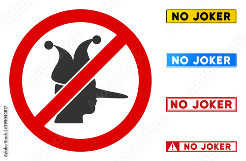No Joker sign with words in rectangle frames. Illustration style is a flat iconic symbol inside red crossed circle on a white background. Simple No Joker vector sign, designed for rules, restrictions,