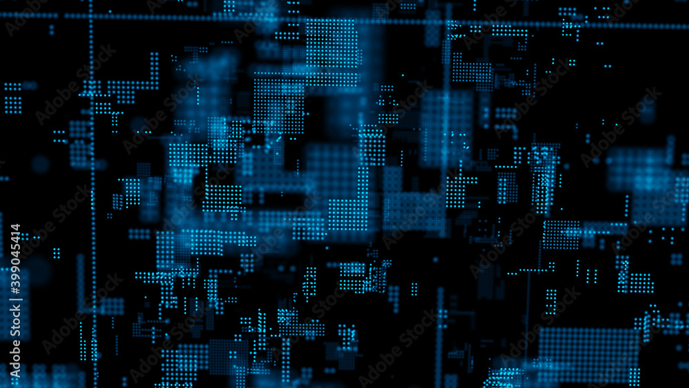 Digital background with moving glowing particles. Futuristic hi-tech illustration. Concept of data transfer in cyberspace. Big data visualization. 3d rendering.