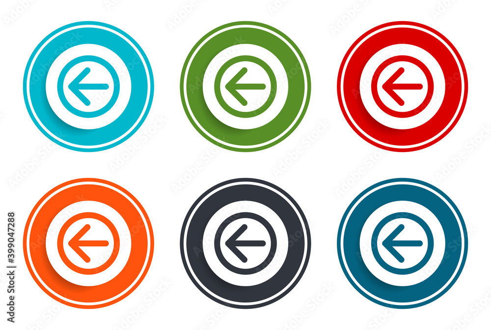 Back arrow icon flat vector illustration design round buttons collection 6 concept colorful frame simple circle set Back arrow icon flat vector illustration design round buttons collection 6 concept colorful frame simple circle set