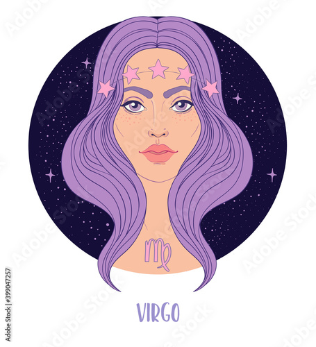 Illustration of Virgo astrological sign as a beautiful girl. Zodiac vector illustration isolated on white. Future telling, horoscope, alchemy, spirituality, occultism, fashion woman.