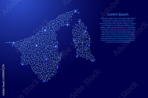 Brunei map from blue pattern of the maze grid and glowing space stars grid. Vector illustration.