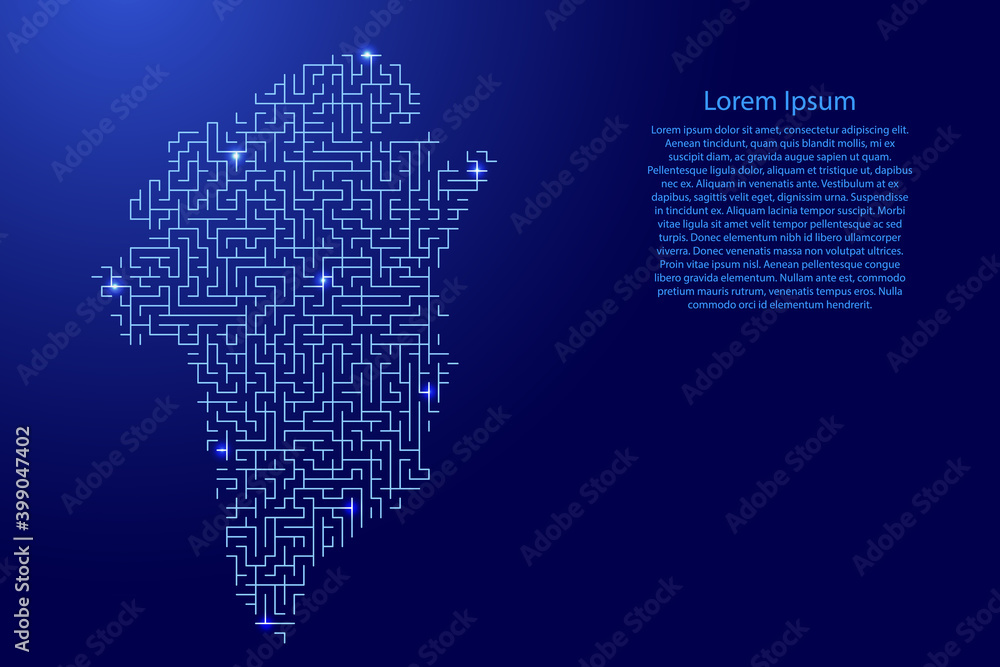 Greenland map from blue pattern of the maze grid and glowing space stars grid. Vector illustration.