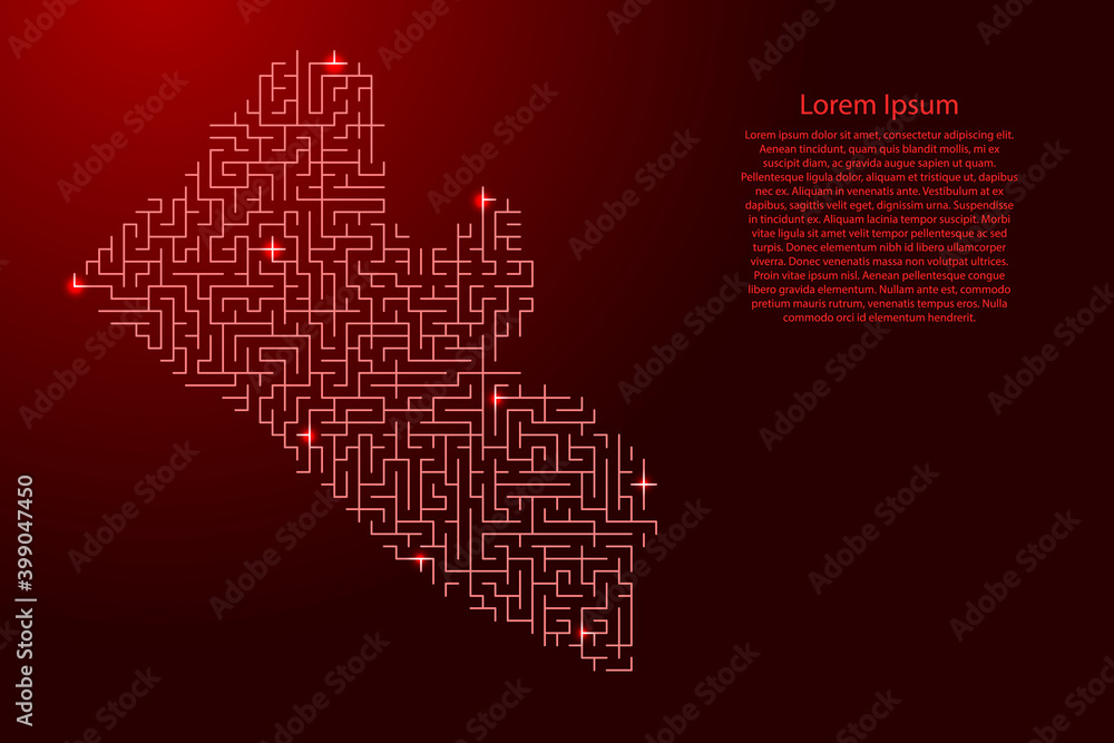 Liberia map from red pattern of the maze grid and glowing space stars grid. Vector illustration. Liberia map from red pattern of the maze grid and glowing space stars grid. Vector illustration.