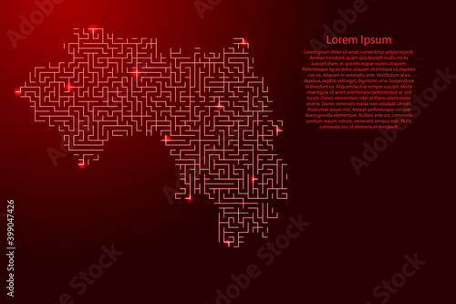 Guinea map from red pattern of the maze grid and glowing space stars grid. Vector illustration.