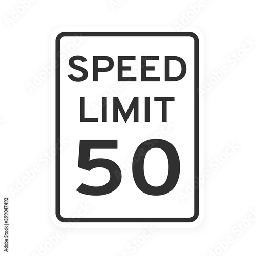 Speed limit 50 road traffic icon sign flat style design vector illustration isolated on white background. Vertical standard road sign with text and number 50.