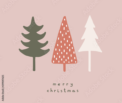 Merry Christmas. Pink Holidays. Simple Infantile Style Christmas Trees Isolated on a Light Dusty Pink Background. Cute Hand Drawn Christmas Wishes Vector Card. Green, Red and Light Beige Winter Trees.