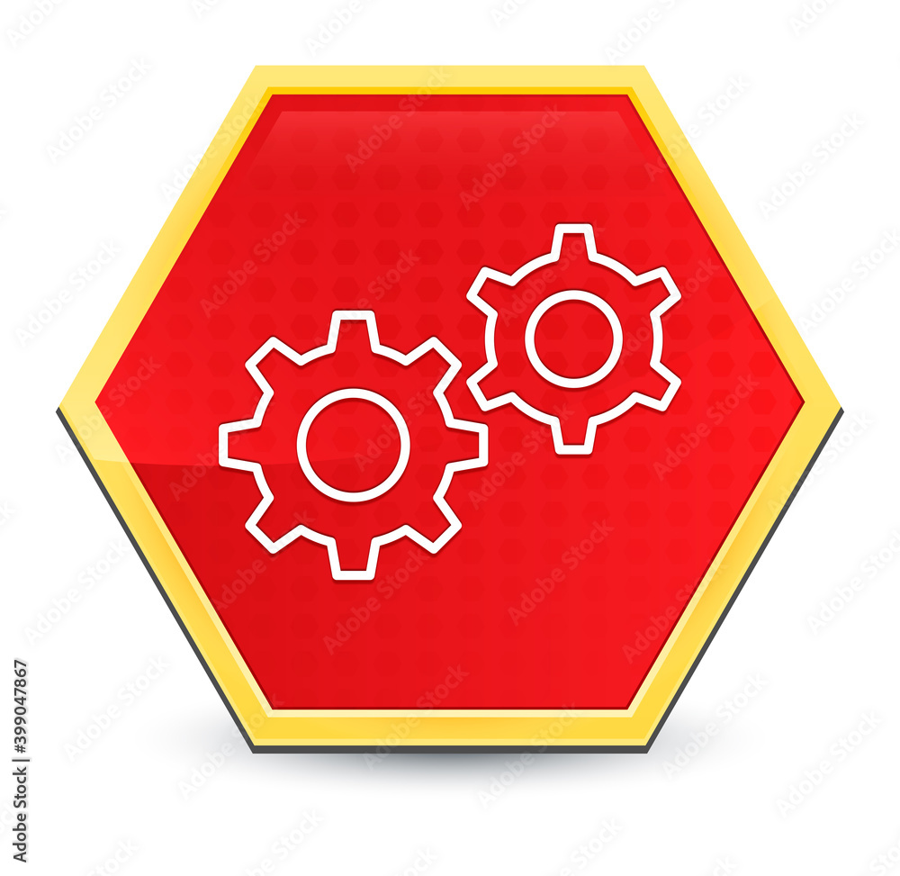 Settings process icon abstract red hexagon button bright yellow frame elegant design Settings process icon abstract red hexagon button bright yellow frame elegant design
