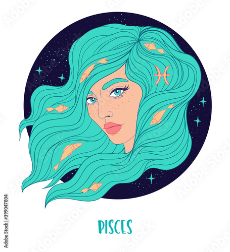 Illustration of Pisces astrological sign as a beautiful girl. Zodiac vector illustration isolated on white. Future telling, horoscope, alchemy, spirituality, occultism, fashion woman.