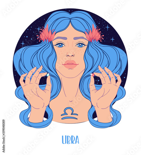 Illustration of Libra astrological sign as a beautiful girl. Zodiac vector illustration isolated on white. Future telling, horoscope, alchemy, spirituality, occultism, fashion woman.